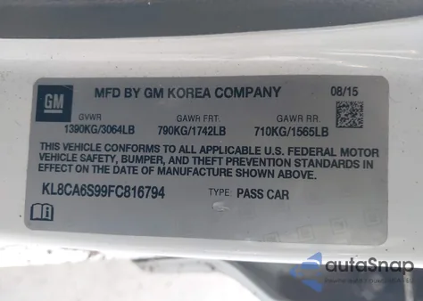 2015 Chevrolet Spark Ls Manual z USA, uszkodzony, nr VIN 0KL8CA6S99FC81679